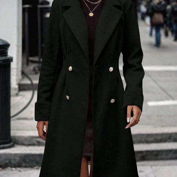 Black Casual Women's Lapel Neck Double Breasted Overcoat - Picture 6 of 6